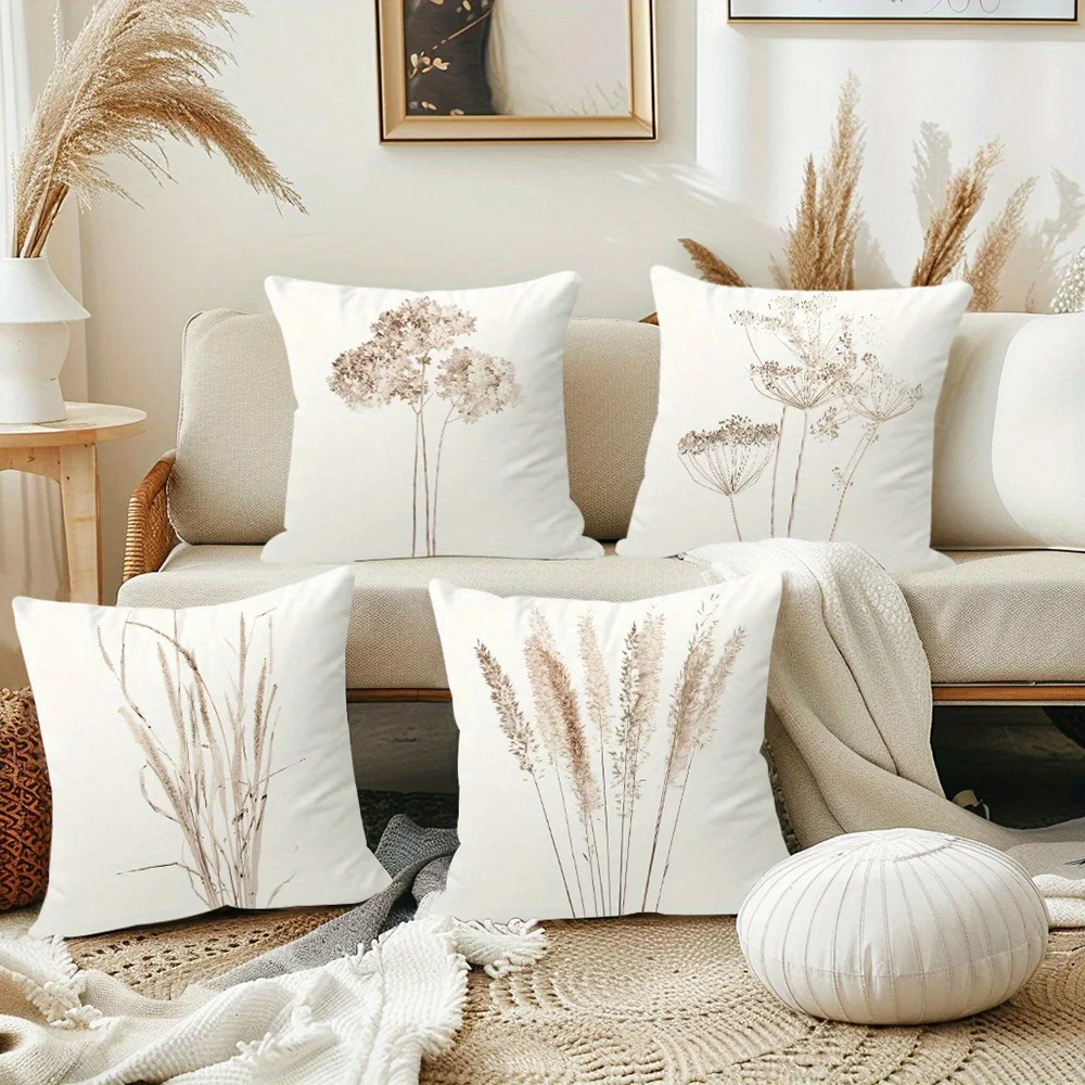 1PC 2D Flat Boho Neutral Pressed Wildflower Throw Pillow Covers Farmhouse Home Decor No Pillow Core Unreal Embroidery