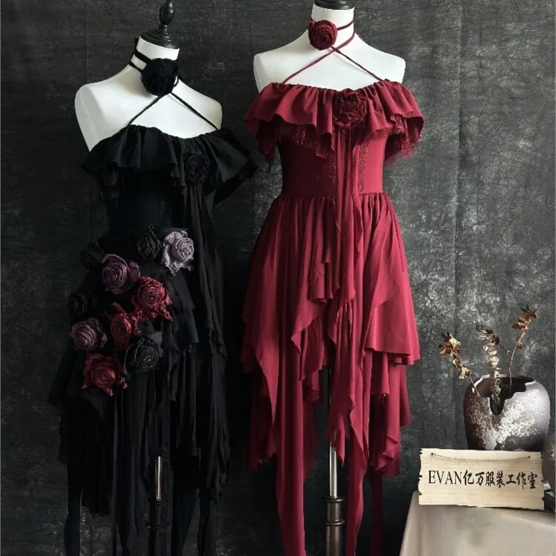 

A new short off-the-shoulder dress by niche designer with red flowers
