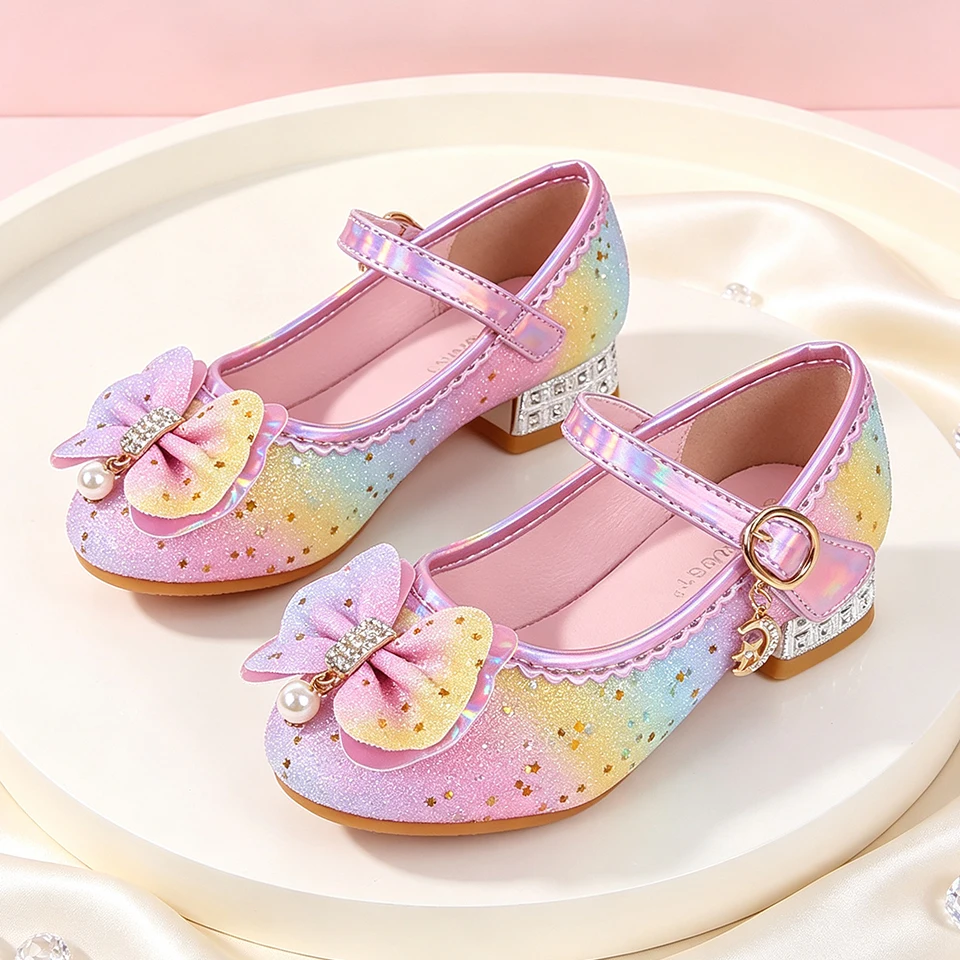 Girls Rainbow Gradient Glitter Princess Heeled Mary Jane Shoes Halloween Cosplay Shiny Sparkly Elegant Party Kids Dress Pumps