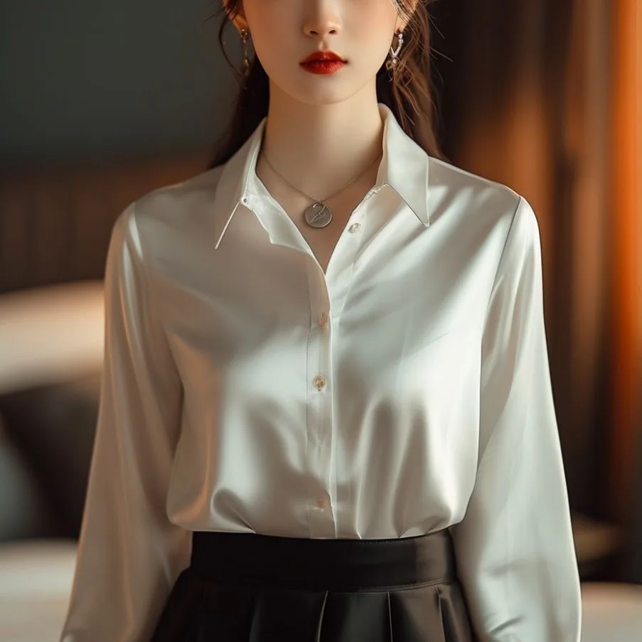 High Quality Autumn Women's Solid Polo-Neck Blouses Button Up Elegant Loose Long Sleeve Clothes Office Lady French Black Shirts