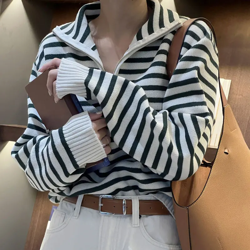 Retro Chic Herbst Winter Lange Sve Ne Gestrickte Pullover Casual Gestreiften Tapisserie Lose Fit frauen Faion Casual Wear