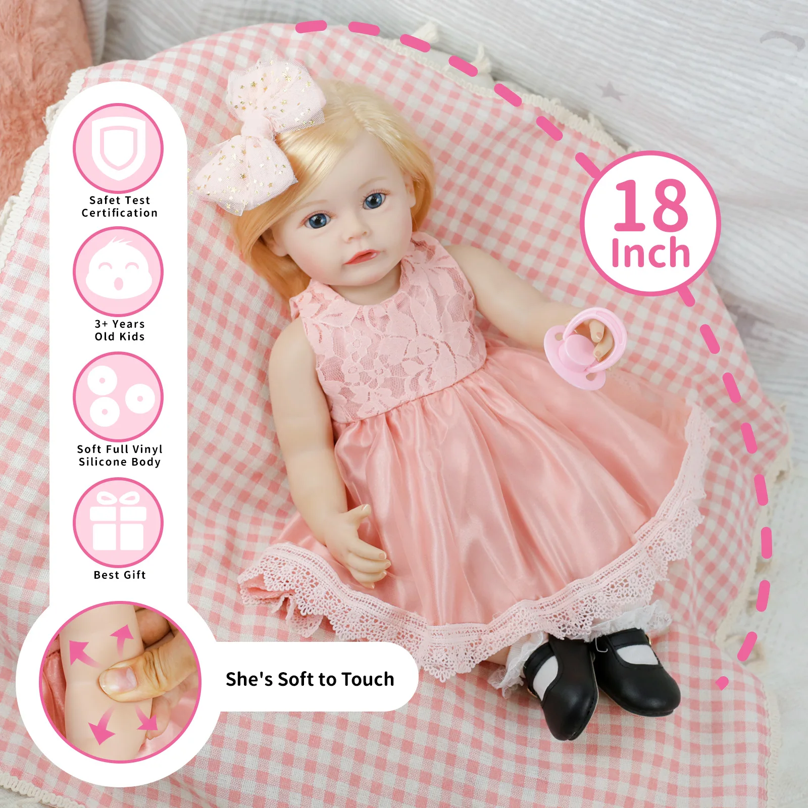 18inch Reborn Baby Doll Full Silicone Vinyl Body with Hand Root Golden Long Hair Realistic Princess Toddler Bebe Birthday Gifts