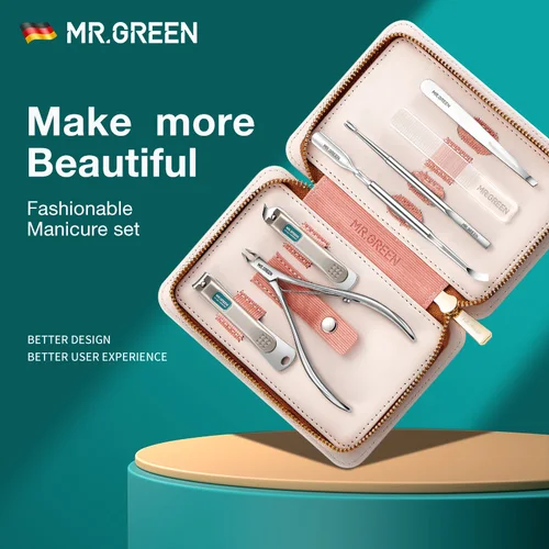 MR.GREEN-Juego de manicura y pedicura, herramientas para cortaúñas, tijeras profesionales para uñas de acero inoxidable, Kit de Estuche De Viaje 7 en 1