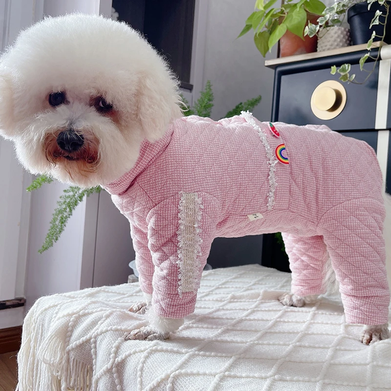 

Pet Dog Jumpsuit Warm 100%Cotton Puppy Clothes Thicken Fleece Lined High Neck Pajamas Protect Belly Overalls For Small Dogs Coat