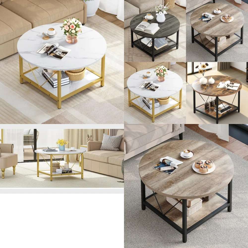 

Café TablesRound coffee table with storage shelf ideal for living room home or office space modern design fits any decor style