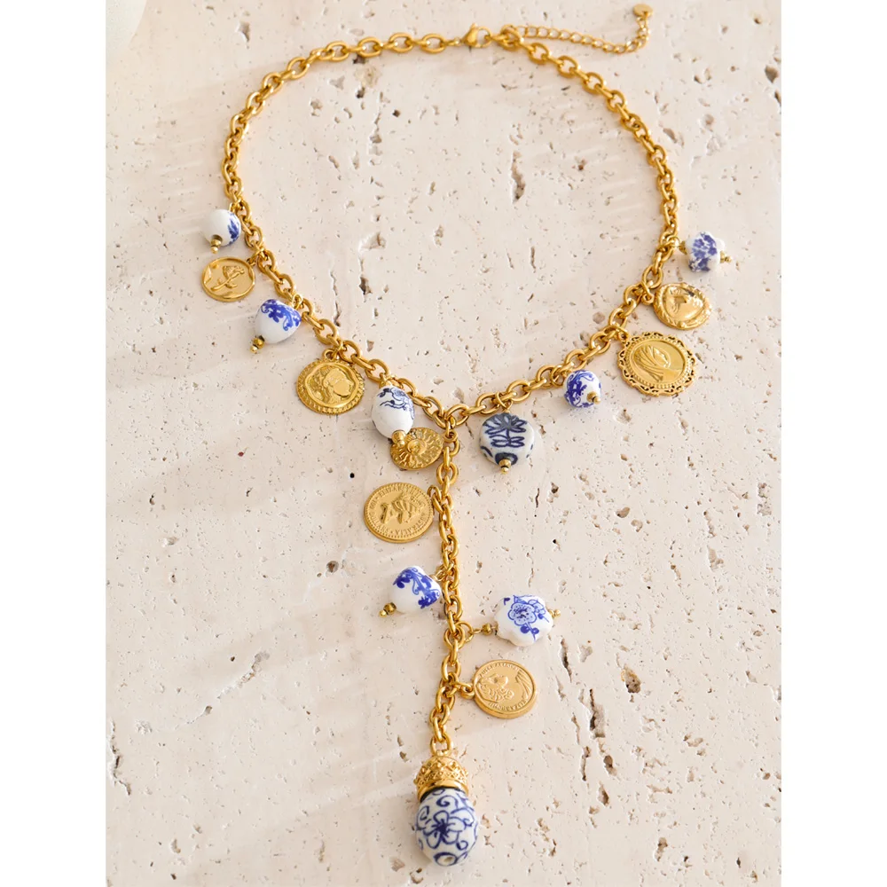 Yhpup Summer Stainless Steel Ceramics Heart Flower Drop Charm Necklace High Quality Y Chain Trendy Modern Jewelry