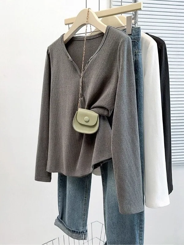 

Корейская трикотажная однотонная рубашка с длинным рукавом для женщин, новая модная базовая рубашка на весну с открытым воротником, универсальный топ