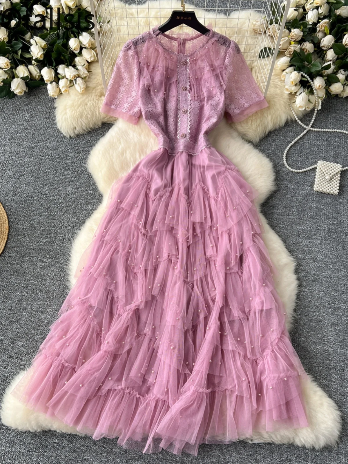 Ofallsis French Socialite Gift Dress 2024 Summer Women's Nail Bead Embroidery Short Sleeved Waist Slimming Fluffy Mesh Dresses