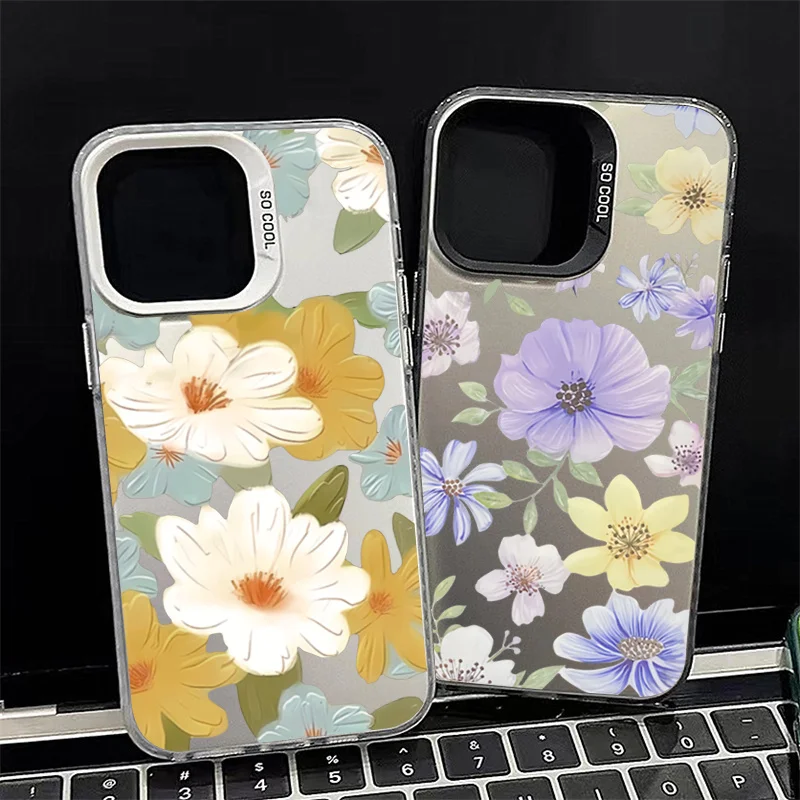 Flower Matte Laser Phone Case For Samsung Galaxy S24 S23 FE S22 S21 Ultra Plus A14 A34 A33 A54 A53 A52 A55 Lens Protect Cover