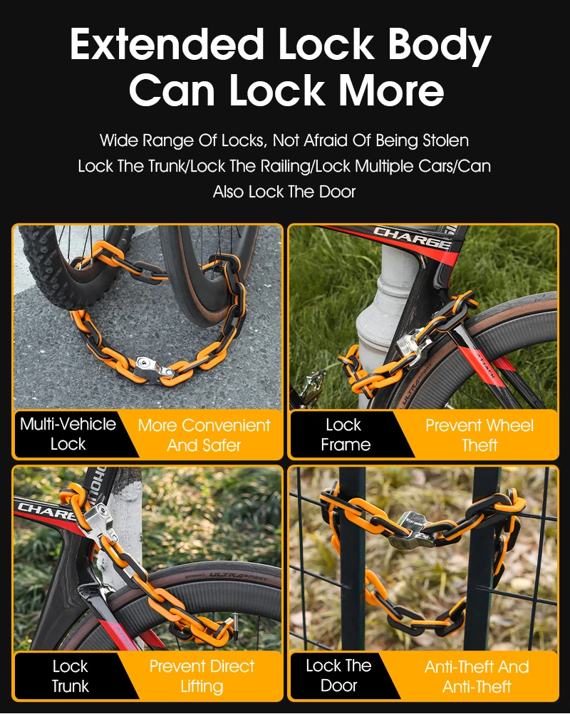 WEST BIKING Bicycle Lock MTB Road Bike Heavy Duty Safety Anti-Theft Chain Lock for Motorcycle Lengthen Thicken Chain Anti-Rust