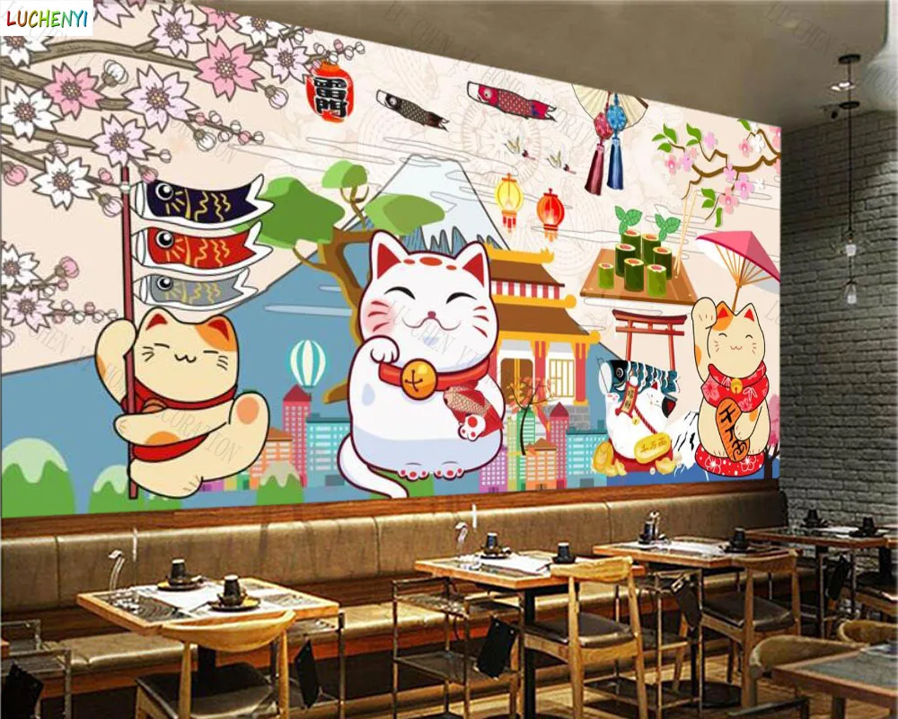 Papel de paredel cat Japanese sushi fan wallpaper Japanese cuisine barbecue restaurant  wall mural  wallpaper home decoration