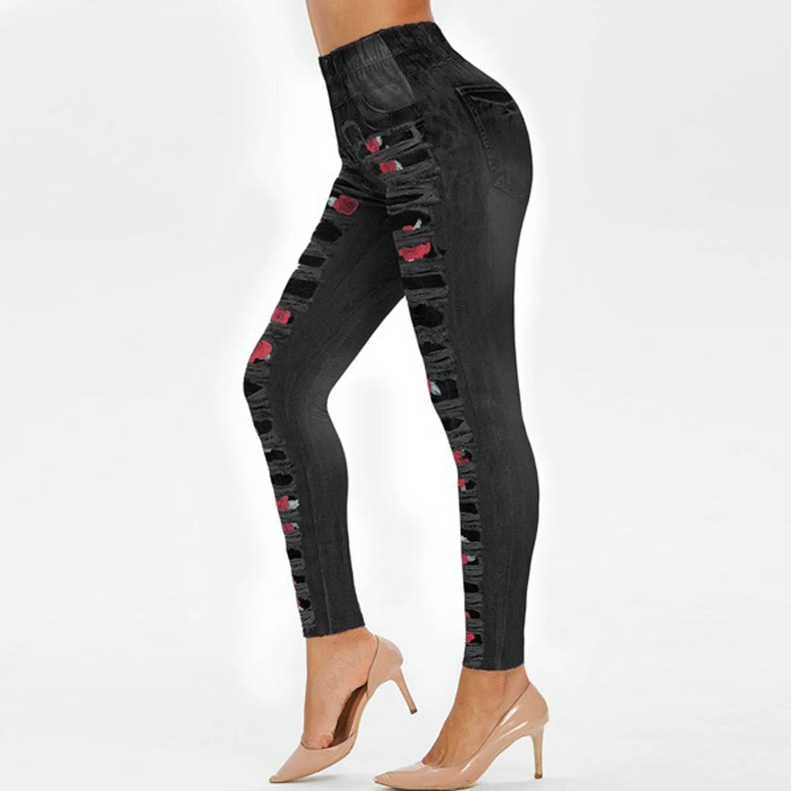 Faux Denim Leggings Ladies Hip Lift Rose Printed Leggings Pants Women Fashion Sports Comfortable Yoga Slim Fit Leggings Women