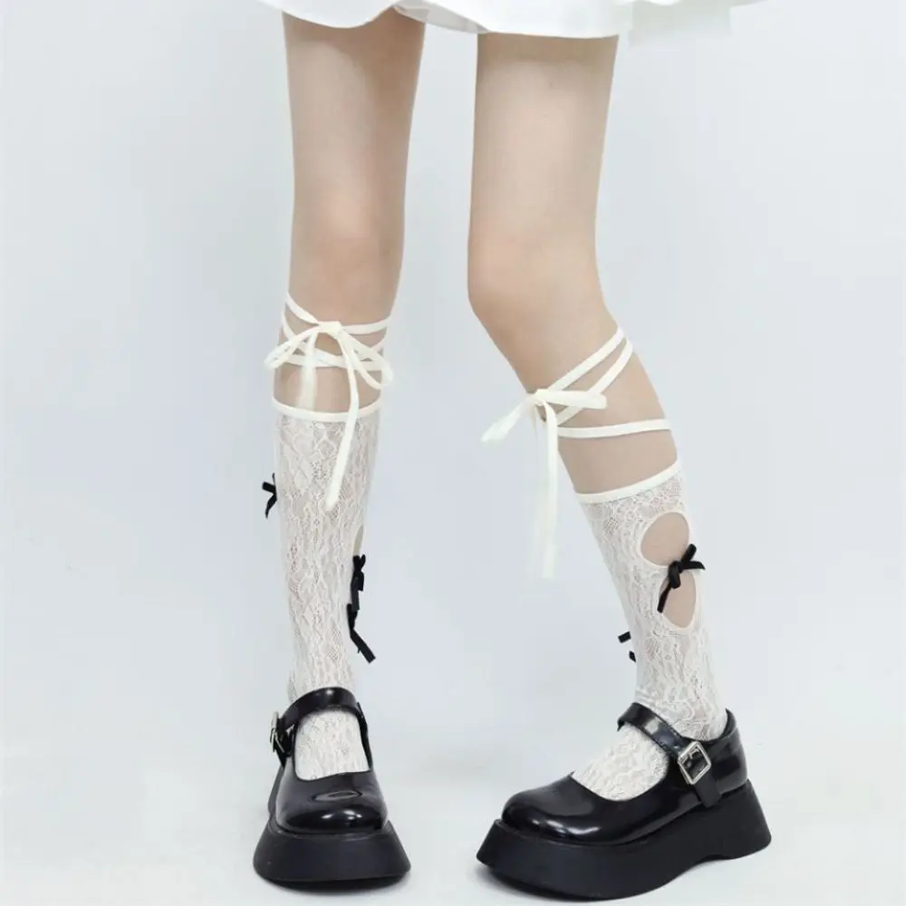 

Breathable Hollow Out Lace-up Calf Stockings Transparent JK Lolita Bowknot Long Stockings Ultra-thin Sweet Socks Women Women's