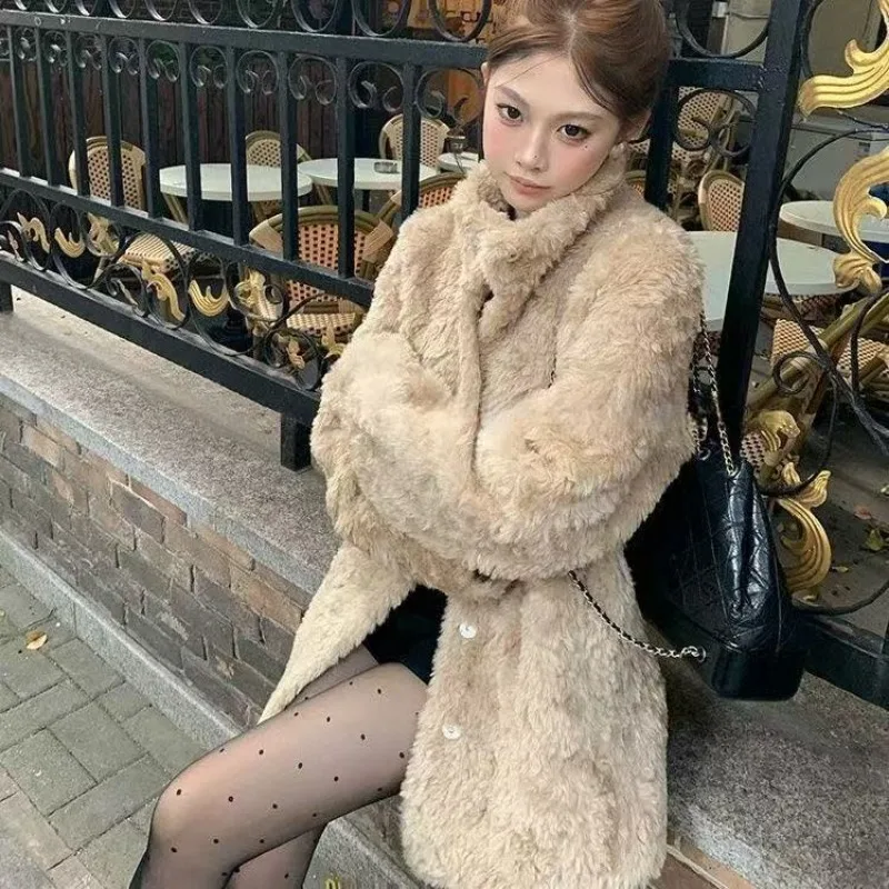 2026 Autumn Winter Eco Friendly Faux Fur Jacket Stand Collar Fluffy Plush Overcoat for Women Korean Style Fashion Outerwear Coat