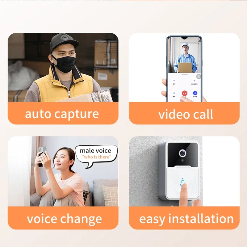 Sonnette vidéo WiFi avec vision nocturne IR, caméra de sécurité intelligente, surveillance en temps réel, audio bidirectionnel, visuel sans fil, 1080P HD