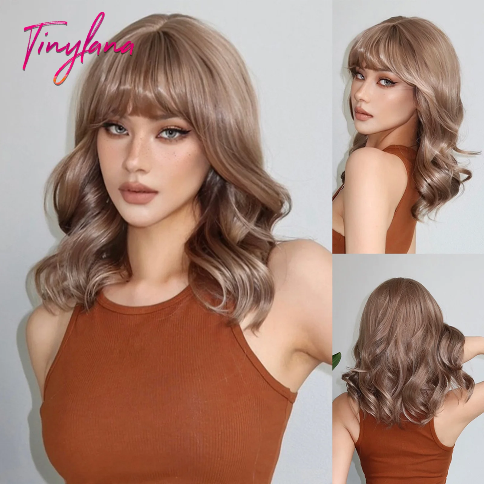 Short Rose Ash Blonde Synthetic Wigs with Bangs Cosplay Lolita Wavy Wigs for Women Shoulder-Length Natural Heat Resistant Hair