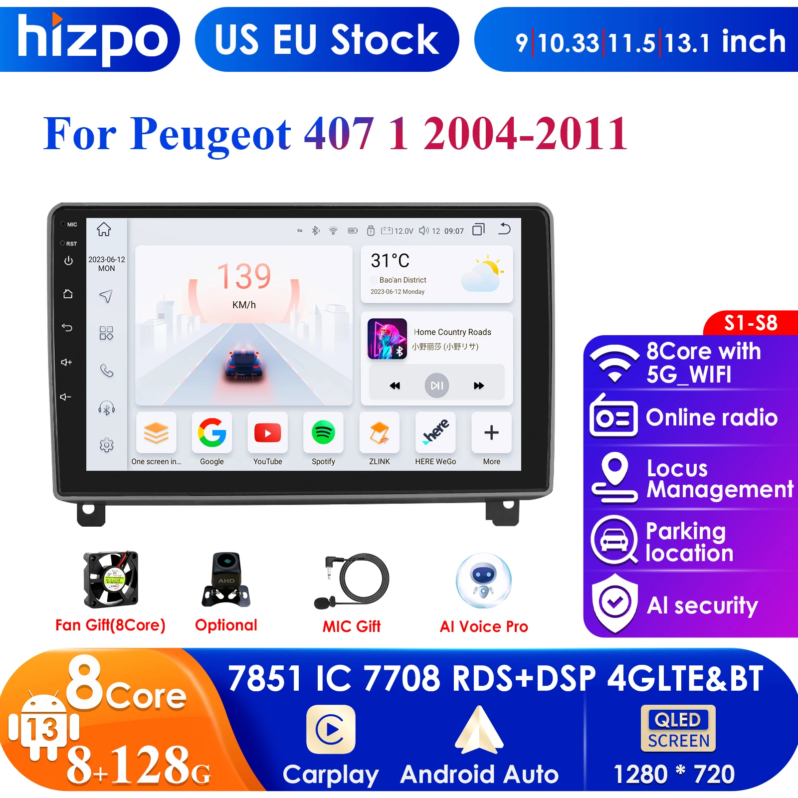 Hizpo Carplay 4G 10.1'' 10.33'' 8+128 2din Android Car Radio for Peugeot 407 1 2004-2011 Multimedia Video Player Autoradio Audio