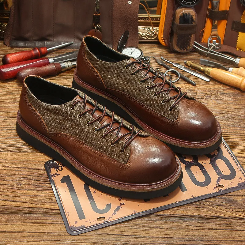 

Spring And Summer Tooling Shoes Men's Stitching Casual Leather Shoes Leather Trendy British Style Retro Low-top Martin Boot