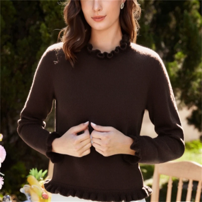 Autunno 2025 Maglione lavorato a maglia marrone scuro decorativo a strati da donna alla moda, morbido e giocoso