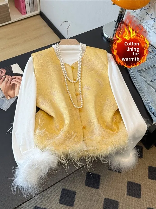 

New Chinese Sle Warmth Cotton Vest Embroidered No Sve Patchwork Design National Faion oulder Pad Top Women's Clothing