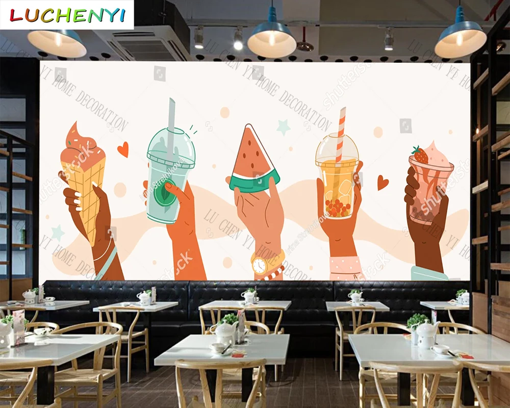 Custom coffee bubble tea fruit juice mural wallpaper restaurant cold drinking shop dining room wall papers home decor sticker