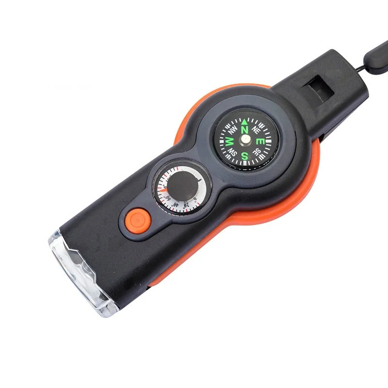 Outdoor Sport Camping Hiking 7-in-1 Multi-Function Outdoor Survival Whistle   LED Light Thermometer Compass  Durable Magnifier
