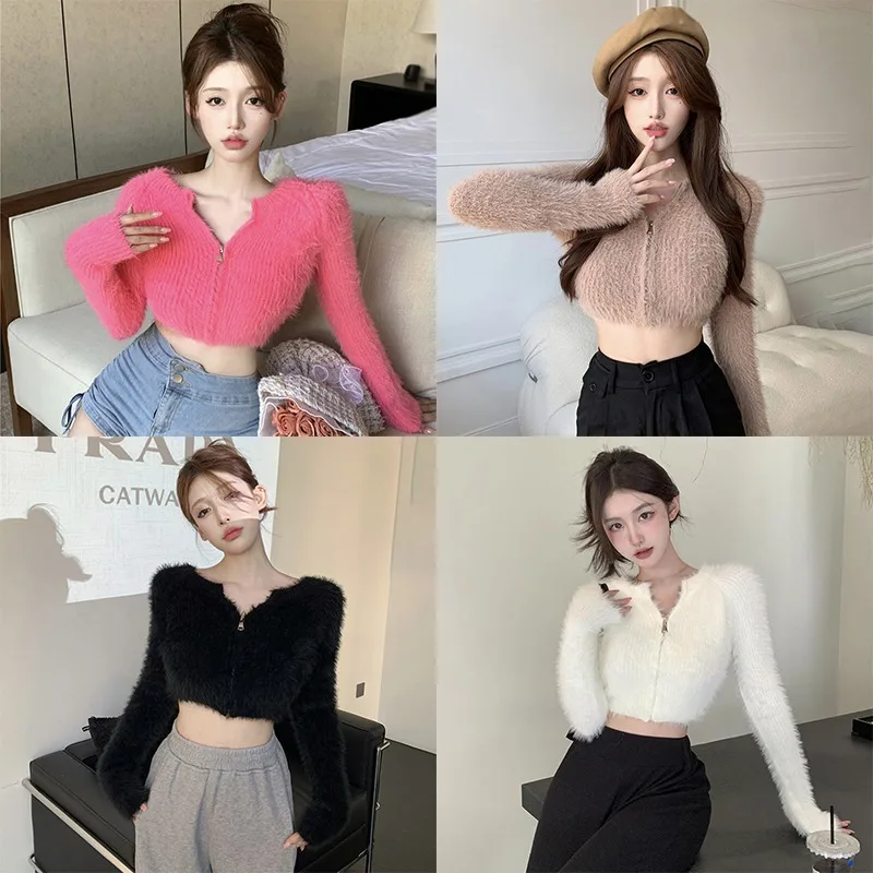 Women\'s Imitation Mink Velvet V Neck Zip Knitwear Long Sleeve Basic Knit Cardigan Female Sweet Sweater Tops