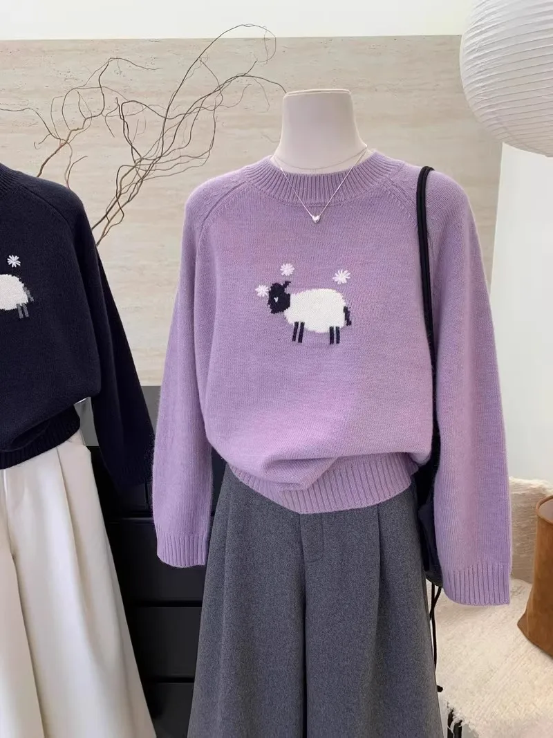 High-end European goods round neck age-reducing chic cartoon jacquard soft glutinous leisure loose sweater sweater coat