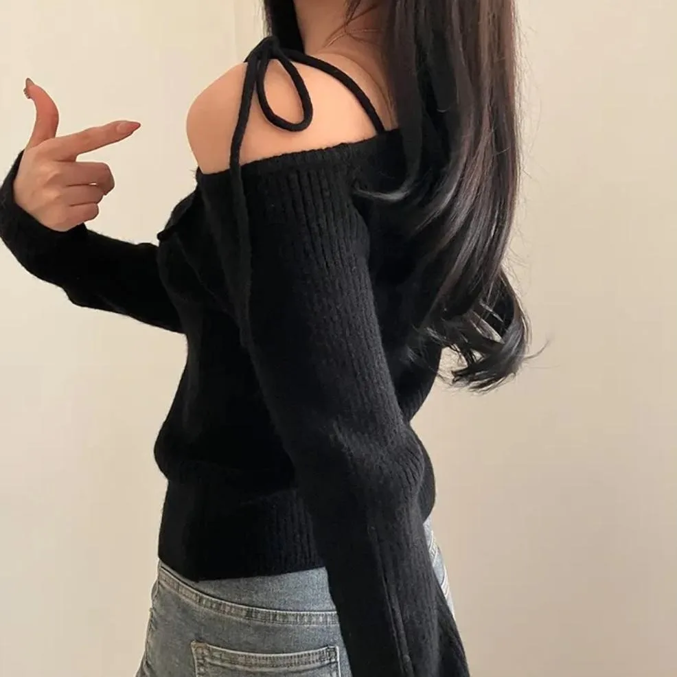 Maglione lavorato a maglia chic con spalle scoperte Faion da donna Design asimmetrico con cintura vestibilità ampia Abbigliamento interno Stagione primaverile autunnale