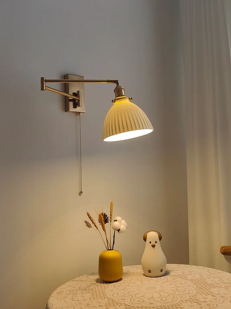 IWHD Nordic Modern LED Wall Sconce Left Right Rotate Pull Chain Switch Bedroom Restaurant Bar Beside Lamp Ceramic Stair Light