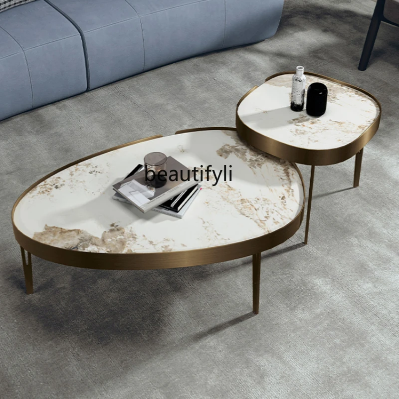 Italian Bright Stone Plate Coffee Table Modern Minimalist Oval Living Room Home Size round Creative Combination