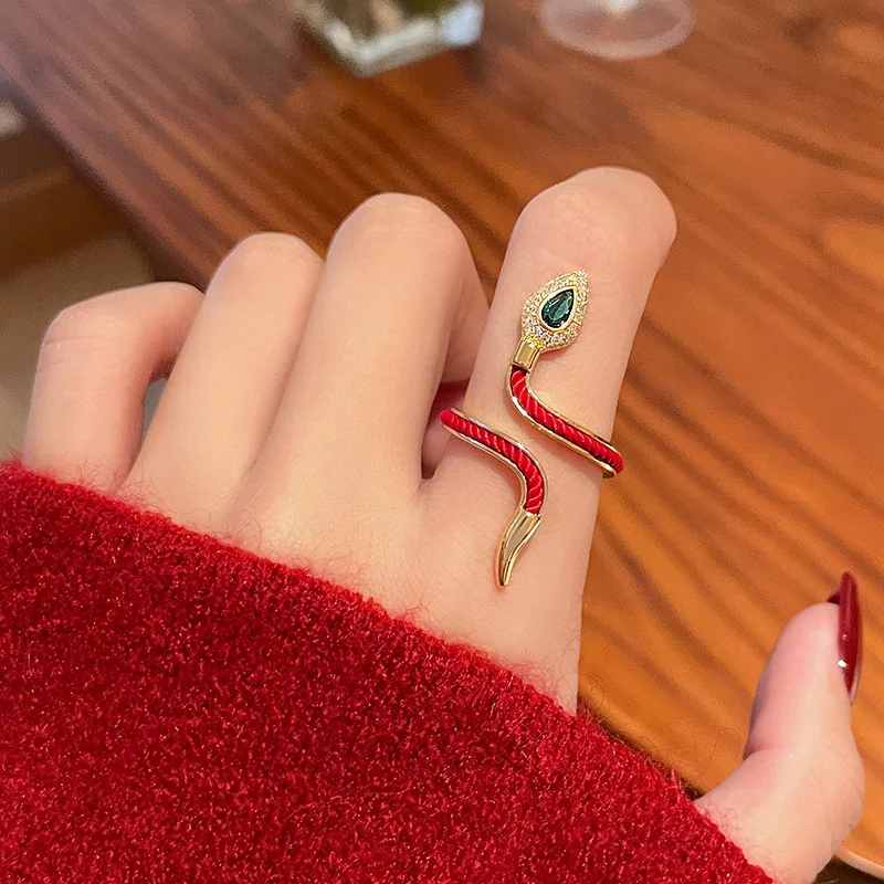 

Adjustable Red Thread Snake Ring Gold Plated Zircon Open Ring for Women Minimalist Stackable Statement Finger Jewelry Gift