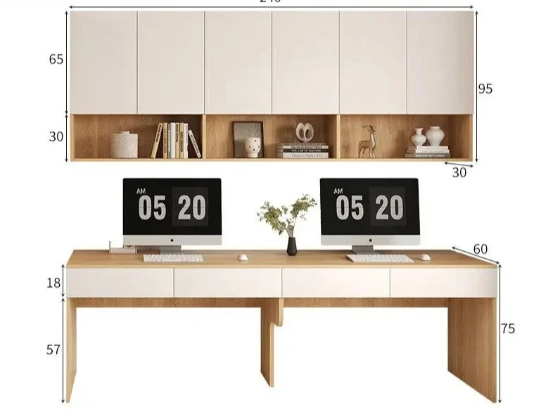 Solid Wood Desk with Wardrobe Combo Wall Cabinet & Bookshelf Space Saving Computer Writing Table for Home Office Bedroom