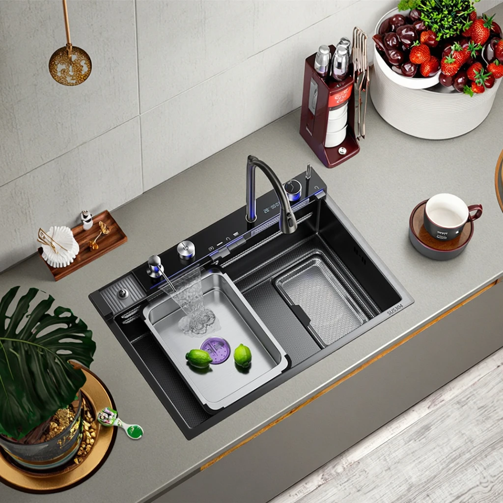 

304 Stainless Steel Sink Digital Display Single Bowl Kitchen Sink Black Silver Gold Honeycomb Waterfall Household Sink