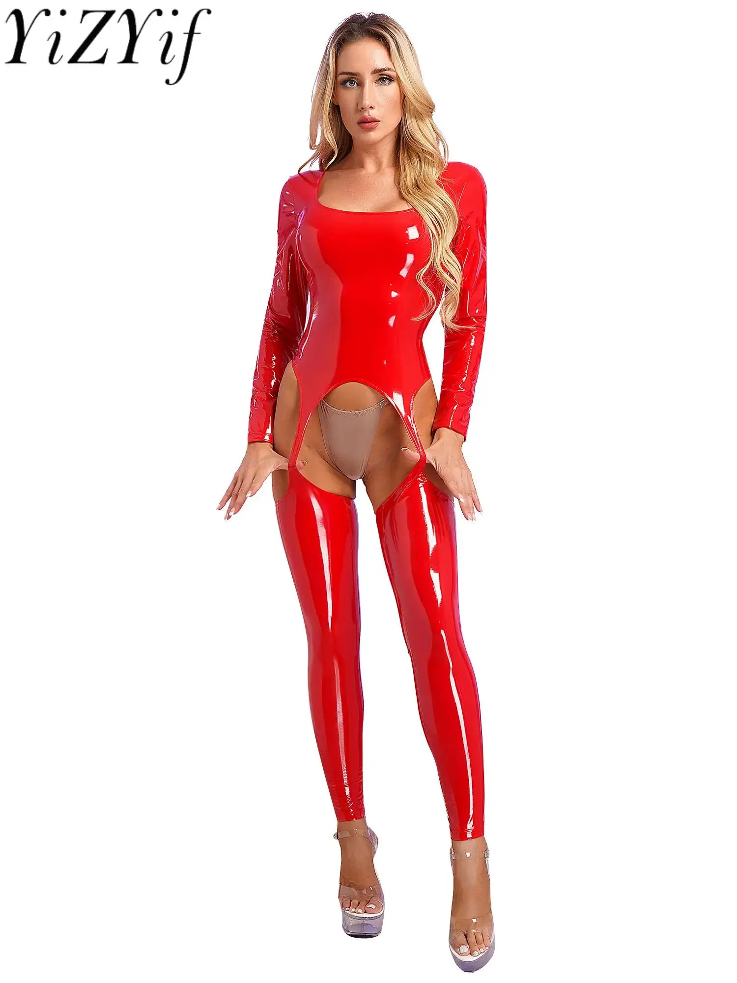 

YiZYiF Women Patent Leather Cutout Full Body Suit Long Sleeve Open Crotch Jumpsuit Sexy Hollow Out Catsuit Pole Dancing Clubwear