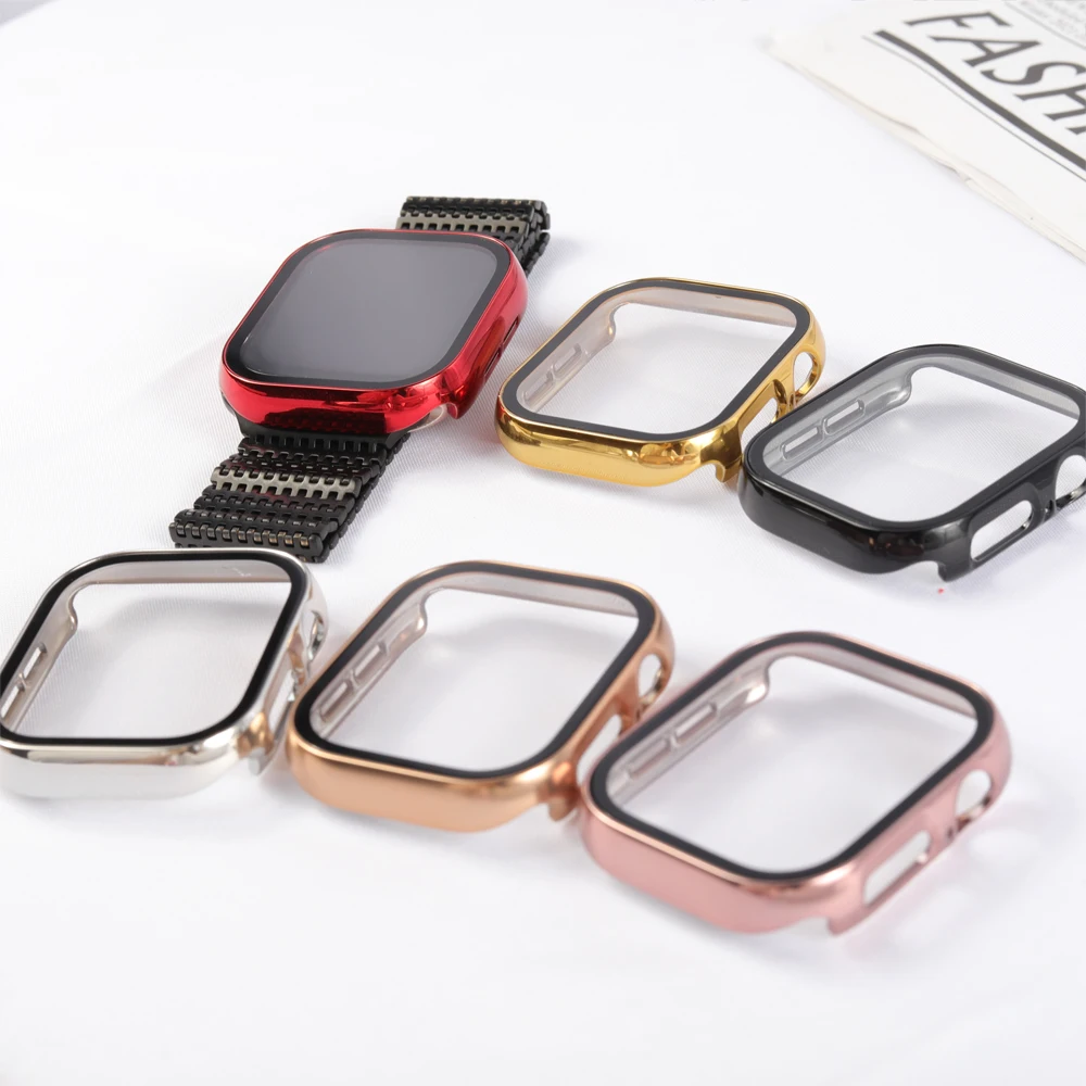 Displayschutzfolie für Apple Watch Gehäuse Serie 12 11 10 9 SE 8 7 6 46mm 42mm 45mm 44mm 40 41 PC-Stoßfänger + gehärtetes Glas iWatch-Hülle – Detail 7