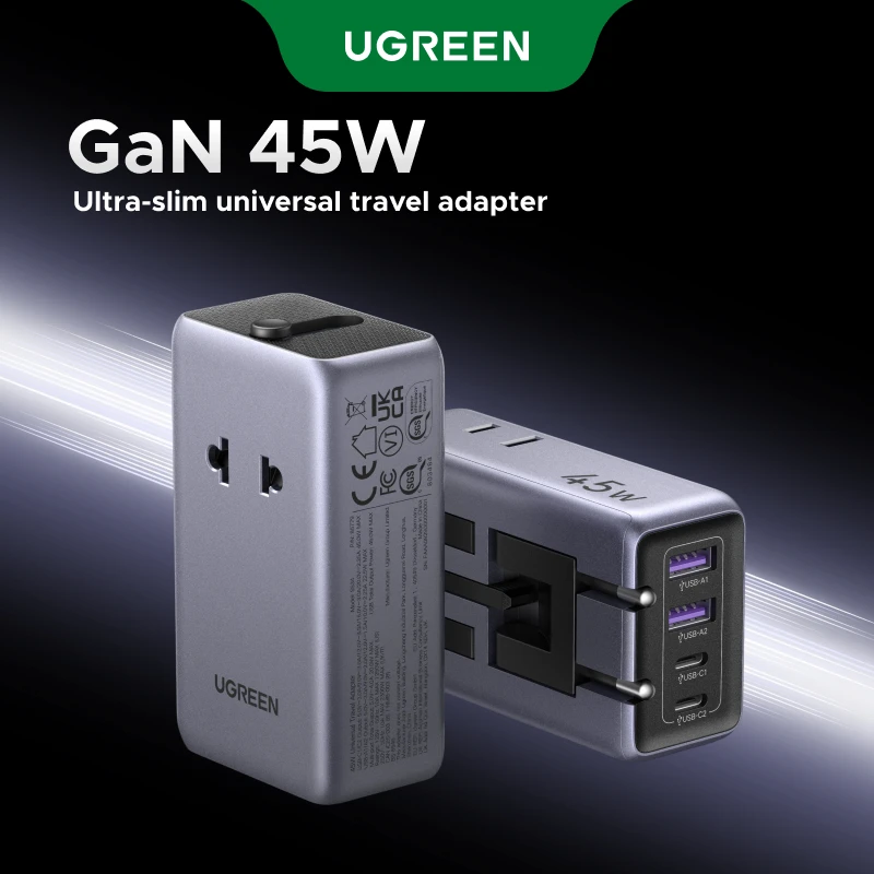 Ugreen Adaptador de Viagem Universal 45W GaN com 4 Portas