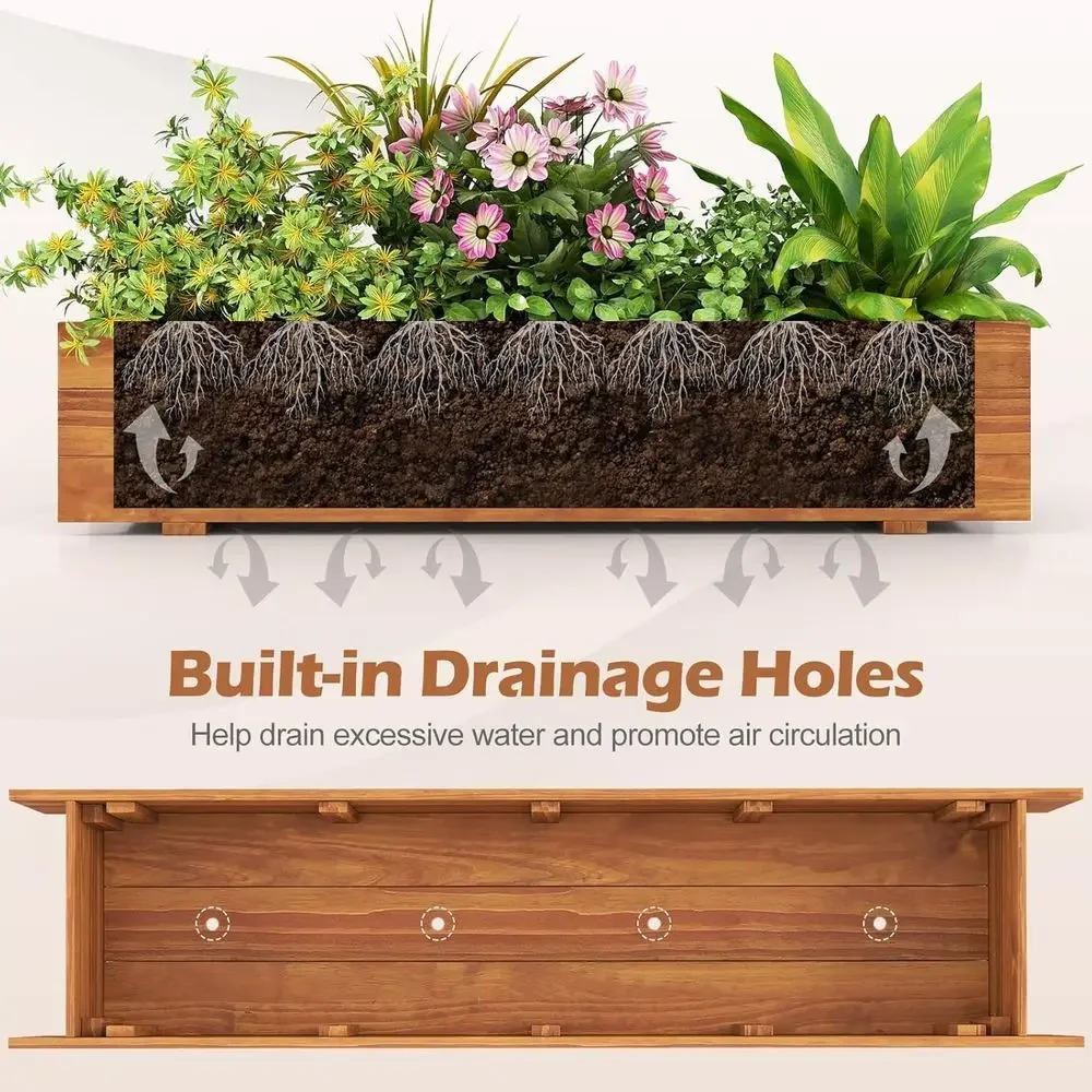 Raised Garden Bed, 44 x 11 x 10 Wooden Planter with Removable Bottom & 4 Drainage Holes, Outdoor Garden for Vegetables, Herbs