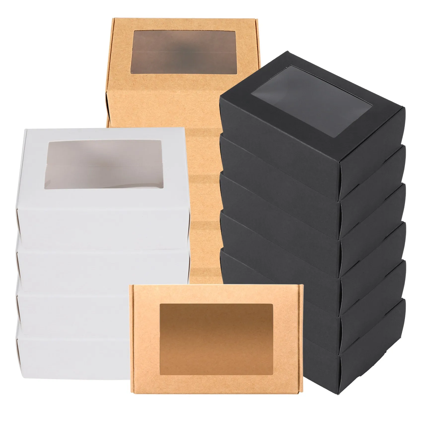 30 Pcs Mini Kraft Paper Box with Window Present Packaging Box Treat Box for Soap Treat Bakery Candy(Black Brown White)