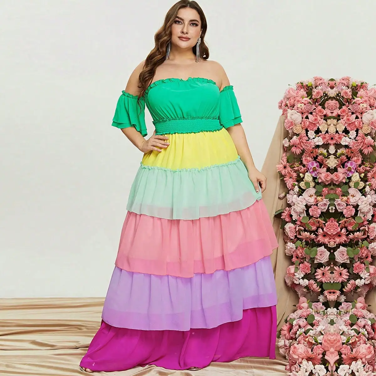 Vestidos en capas de gasa con manga con volantes, hombros descubiertos, bloque de Color