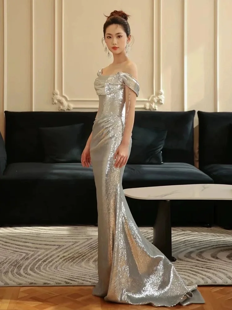 Silvery Prom Dresses Tassel Sequins Mermaid Beading Off Shoulder Ribbon Sleeveless Woman Evening Long Ball Celebrity Gowns 2024