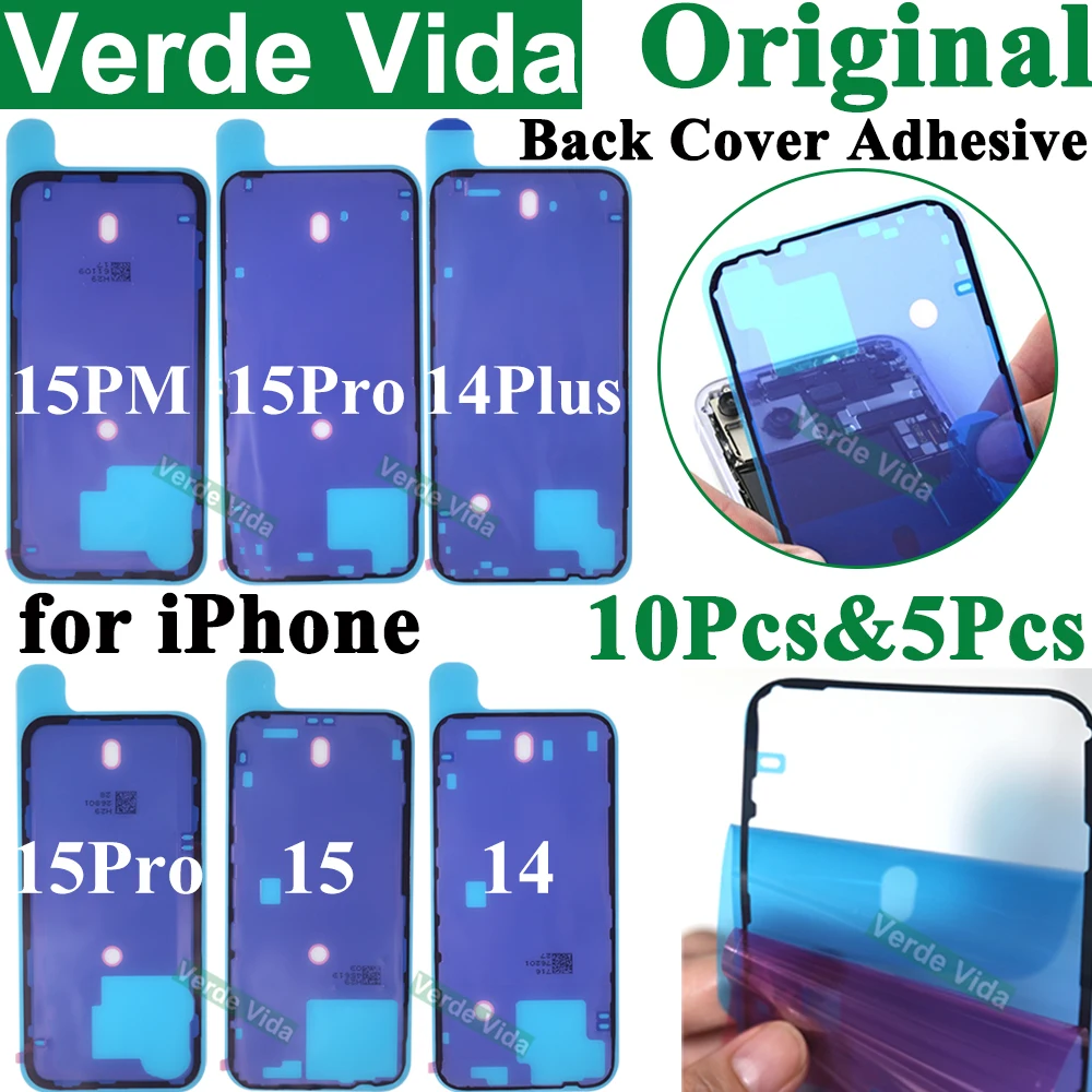 VerdeVida 10Pcs/5Pcs Original Rear Glass Adhesive for iPhone 14 Plus 15 Pro Max Waterproof Back Frame Bezel Adhesive Strip Glue