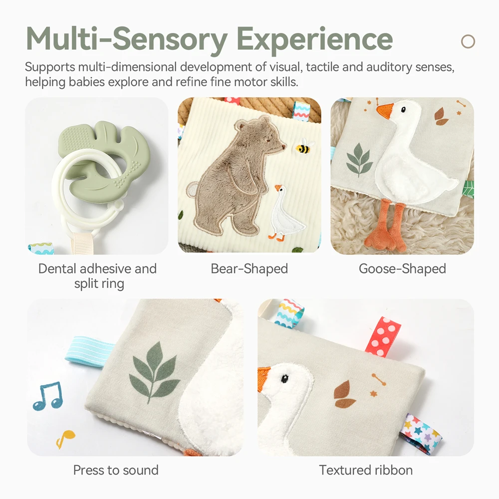 Double Sided Security Blanket with Detachable Silicone Teether Press to Sound Textured Ribbon Sensory Fine Motor Newborn Gift