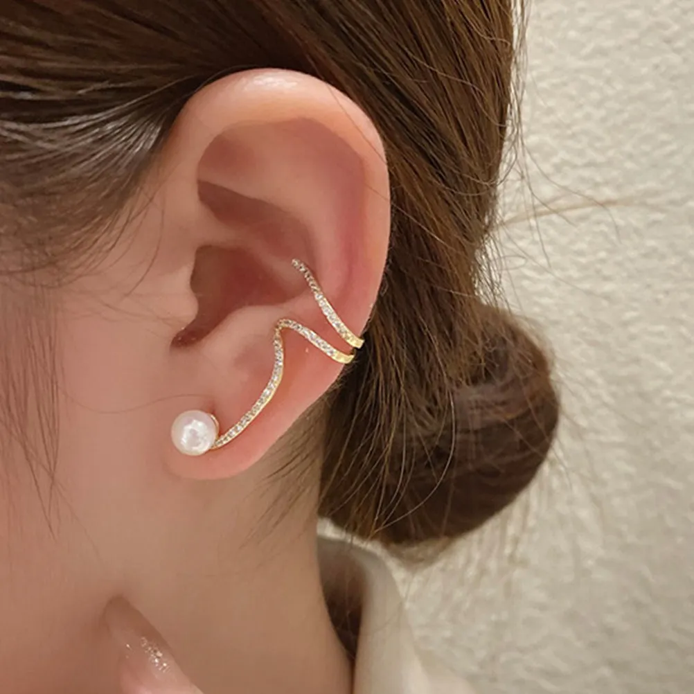 1Pair Pearl Earrings Fashionable Ear Crawler Stud Rhinestone Ear Cuffs Suitable for Weddings Parties Evening Wear