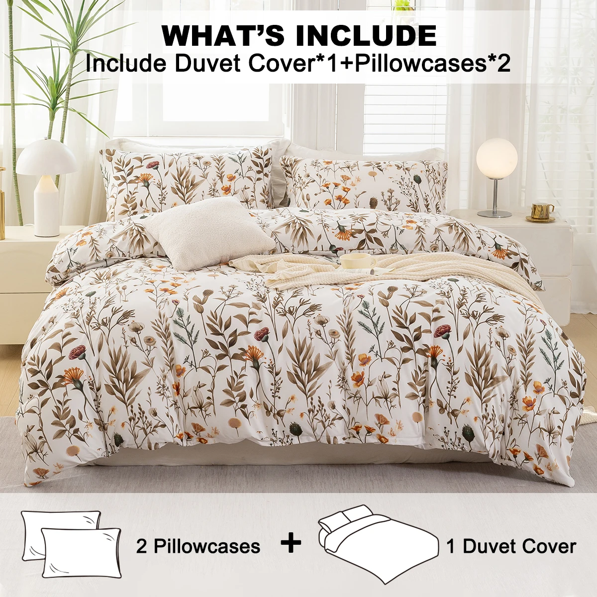 3pcs/set Leaf Floral Pattern Duvet Cover Set(1 Duvet Cover & 2 Pillowcase）Soft And Skin-Friendly Duvet Cover Bedding Set For