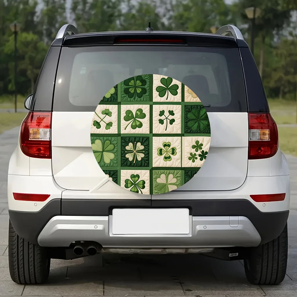 1pc 2D Flat Spare Tire Wheel Cover, Patchwork Of Embroidered Clovers In Varying Shades Of Green And Cream, For Car Truck SUV Cam