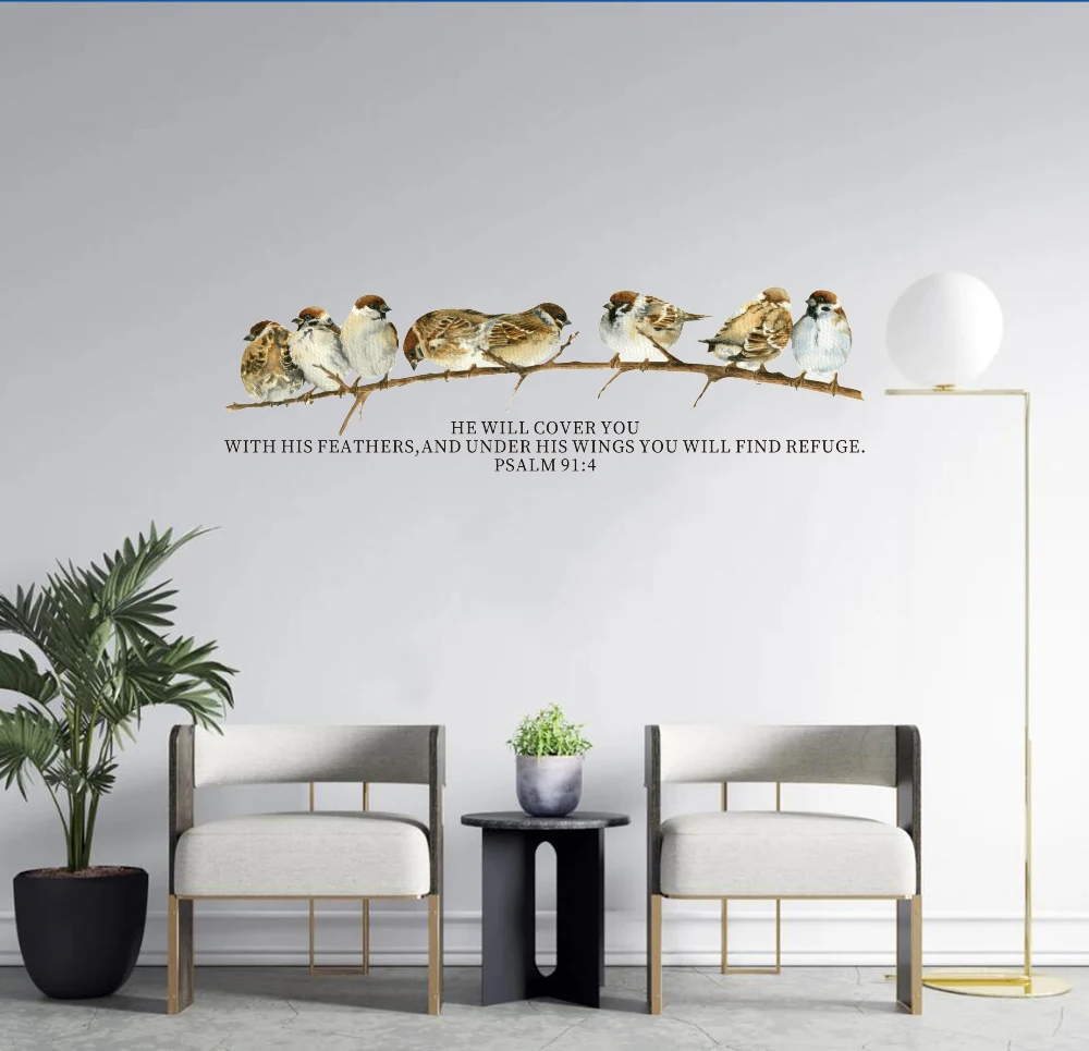 Bible Verse Psalm 91:4 Christian Wall Sticker Bird Branch He Will Cover You with His Feathers Wall Decal Bedroom Home Decor