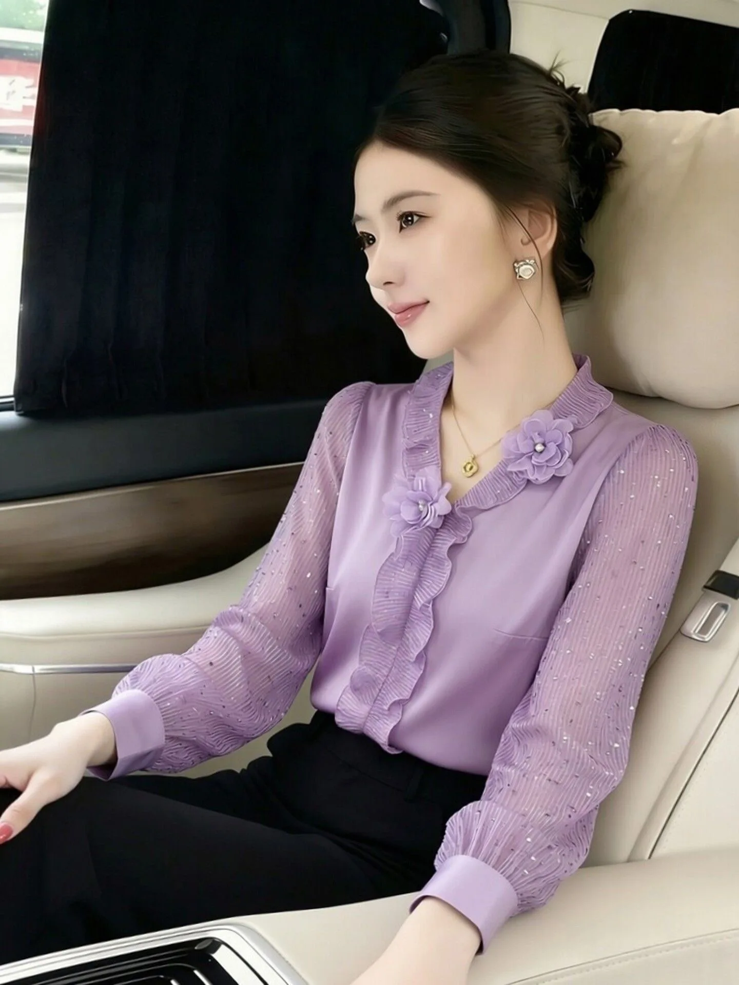 Purple Shirt Women's Style 2026 New Commute Fashion Loose Fit Long Sleeve V-Neck Single Wear Beautiful Design for Important O...