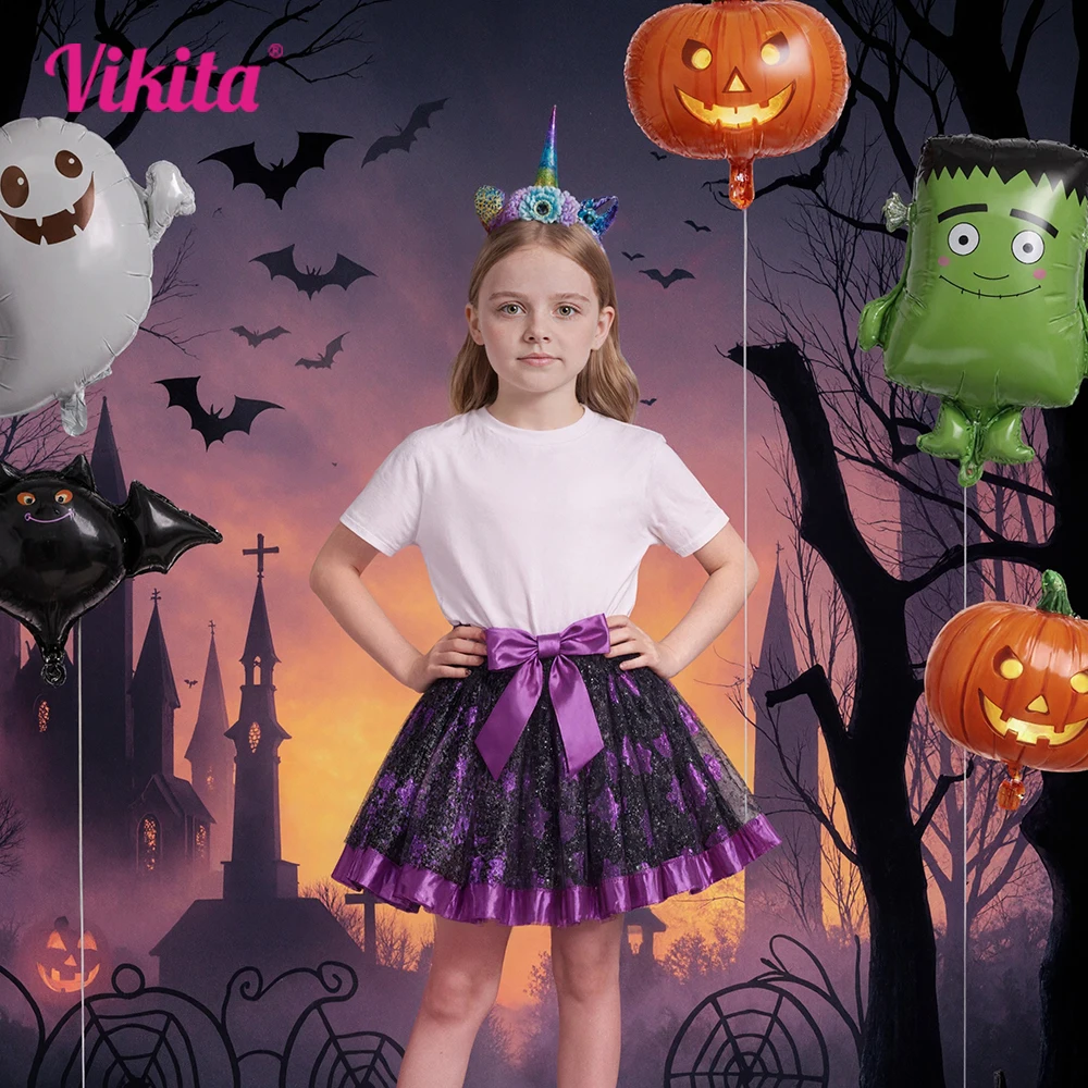 

VIKITA Girls Halloween Festival Cosplay Skirt Kids Cobweb Purple Mesh Tulle Ruffles Party Princess Mini Skirts Children Clothes