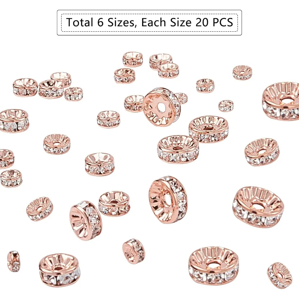 120 Pcs Brass Crystal Rondelle Rhinestone Spacer Beads Diameter 4/5/6/7/8/10mm for Jewelry Making, Rose Gold